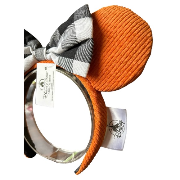 Disney Minnie Mouse Orange Corduroy Black White Plaid Ears Headband Fall NWT - Picture 2 of 5